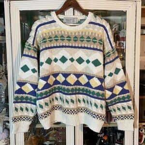 Vintage Gaeltarra Irish Linen white & green woven sweater 44 men’s L made in USA